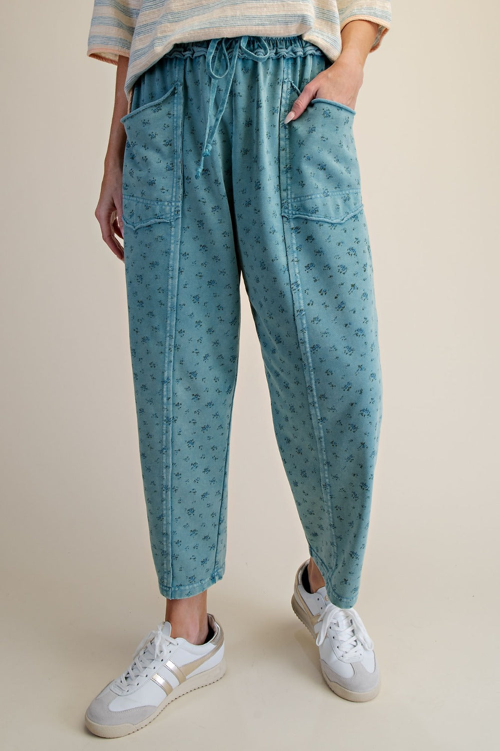 Ditsy Printed Mineral Wash Pants in Teal Blue - pocket detail