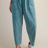 Ditsy Printed Mineral Wash Pants in Teal Blue - pocket detail