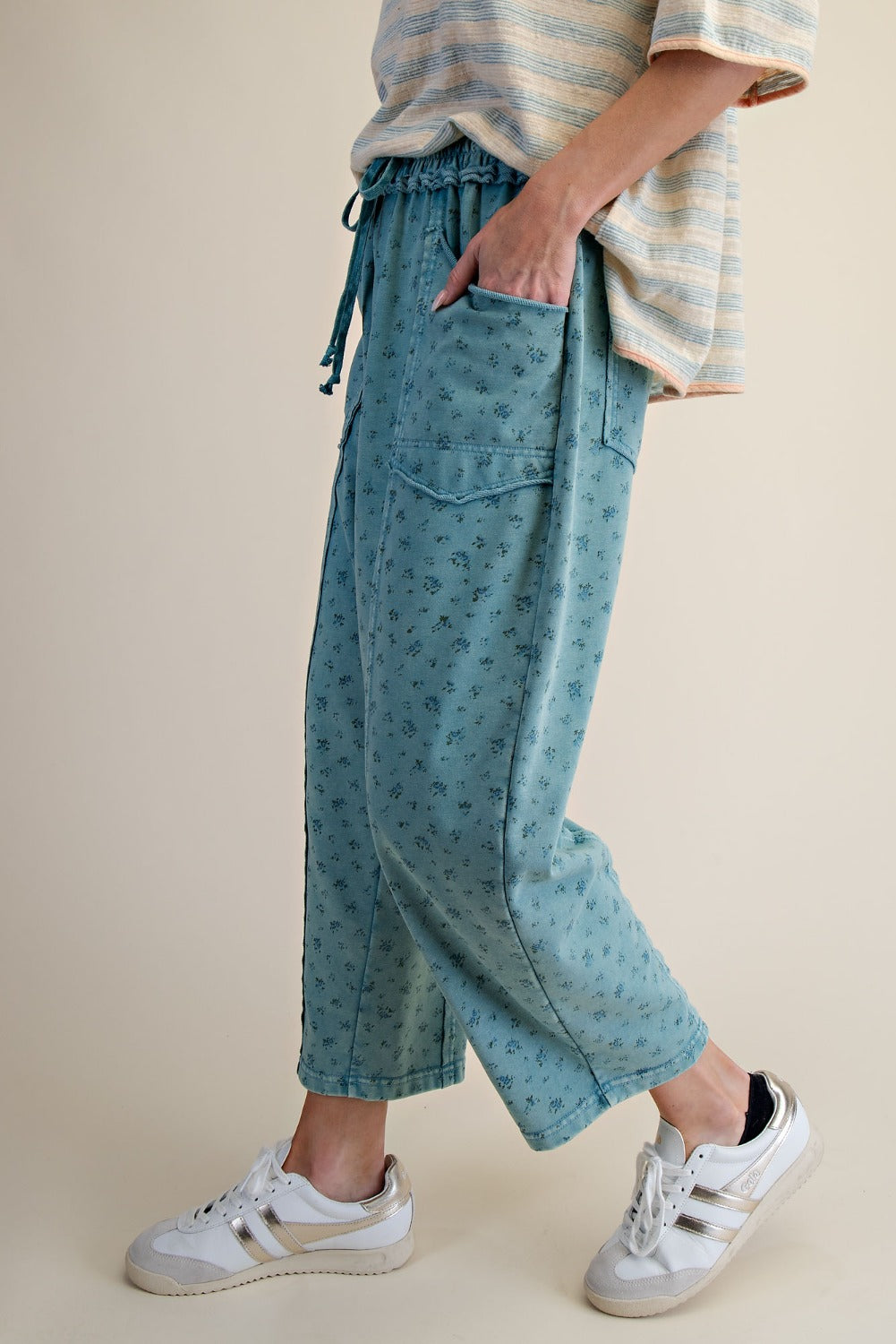 Ditsy Printed Mineral Wash Pants in Teal Blue - side view