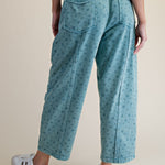 Ditsy Printed Mineral Wash Pants in Teal Blue - back view