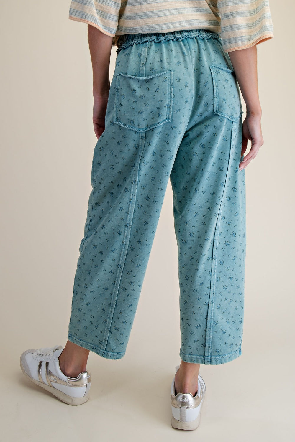 Ditsy Printed Mineral Wash Pants in Teal Blue - back view