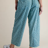 Ditsy Printed Mineral Wash Pants in Teal Blue - back view
