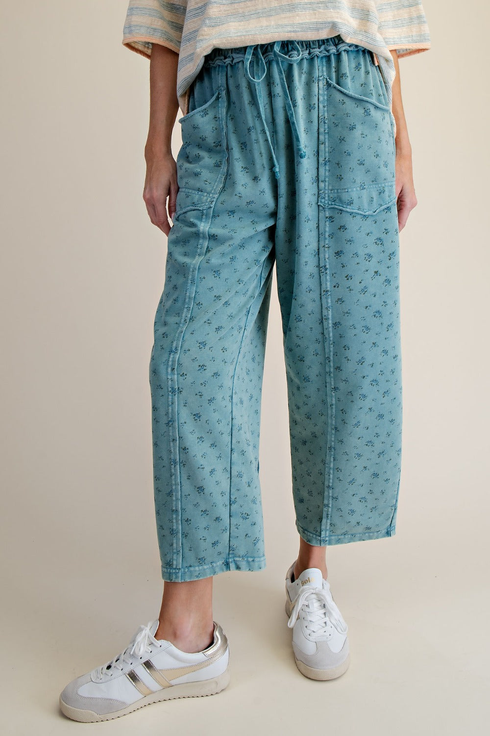 Ditsy Printed Mineral Wash Pants in Teal Blue - front view