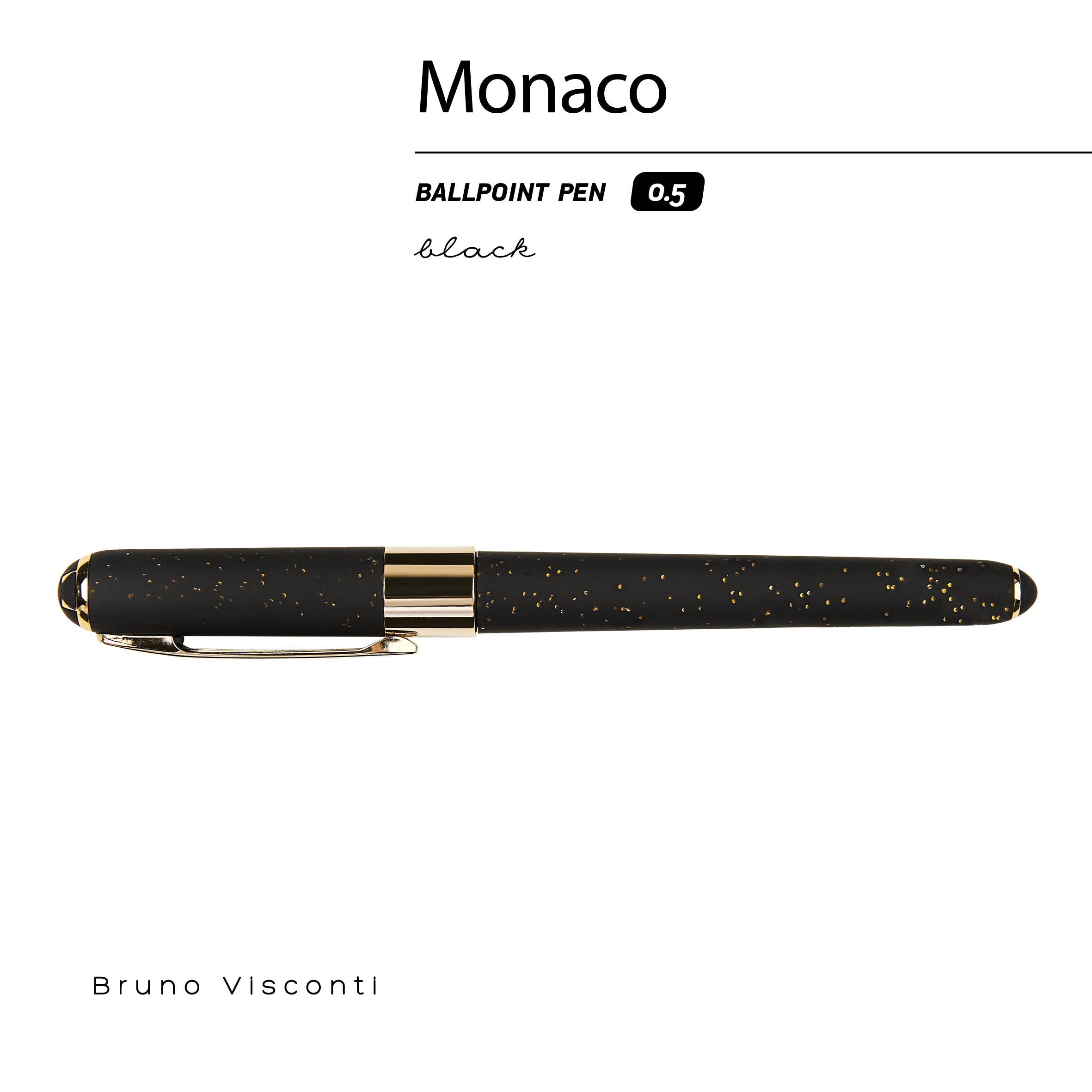 Monaco soft-touch ballpoint pen in black with gold glitter, detail view