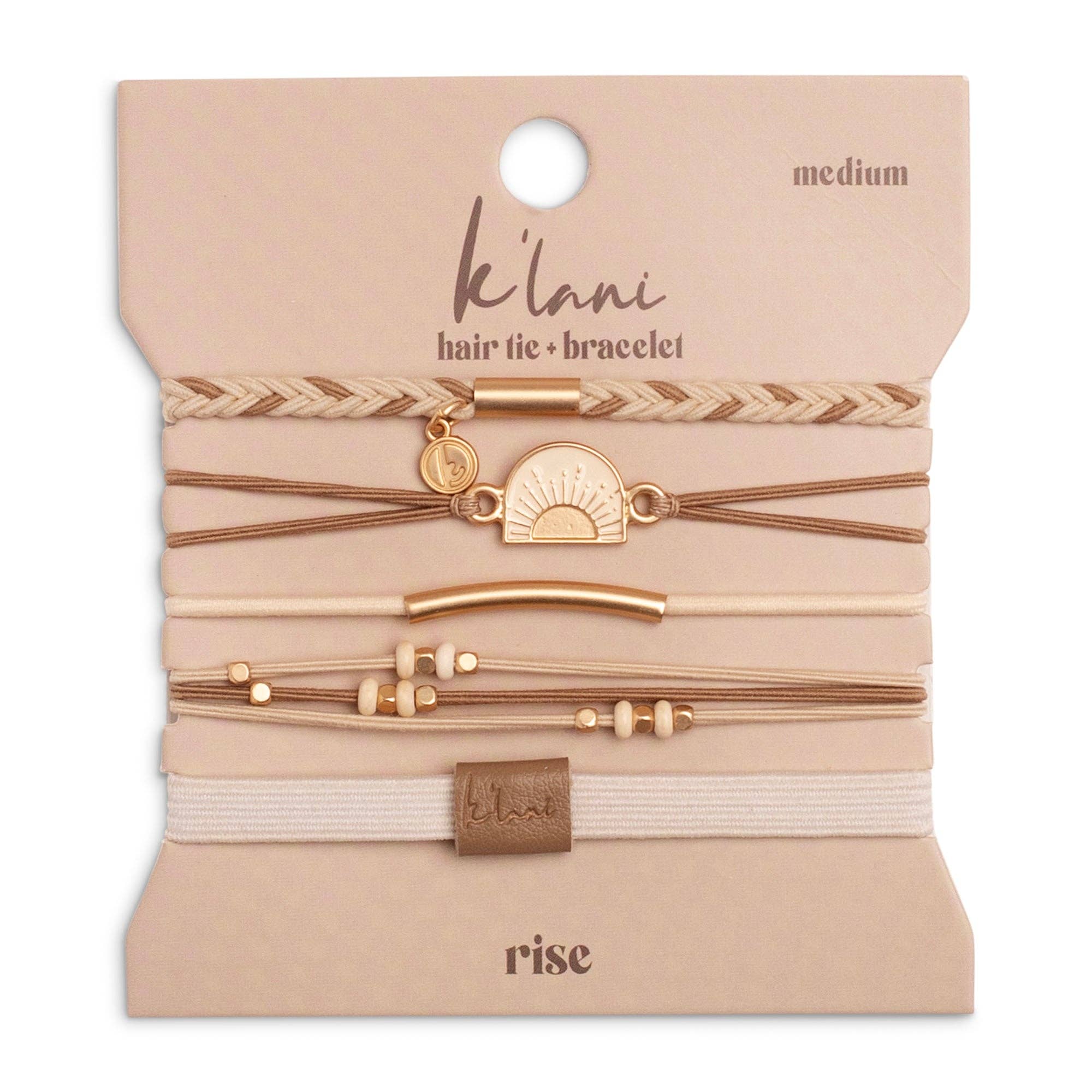Rise hair tie bracelet set in cream and tan with gold sunrise charm
