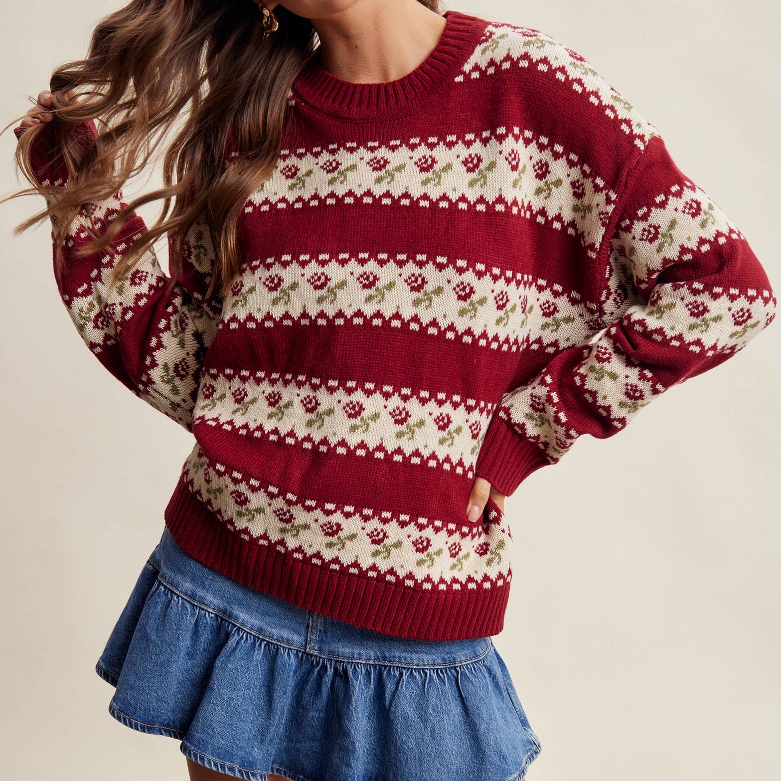 Floral Fair Isle Knit Sweater in Ruby – 1