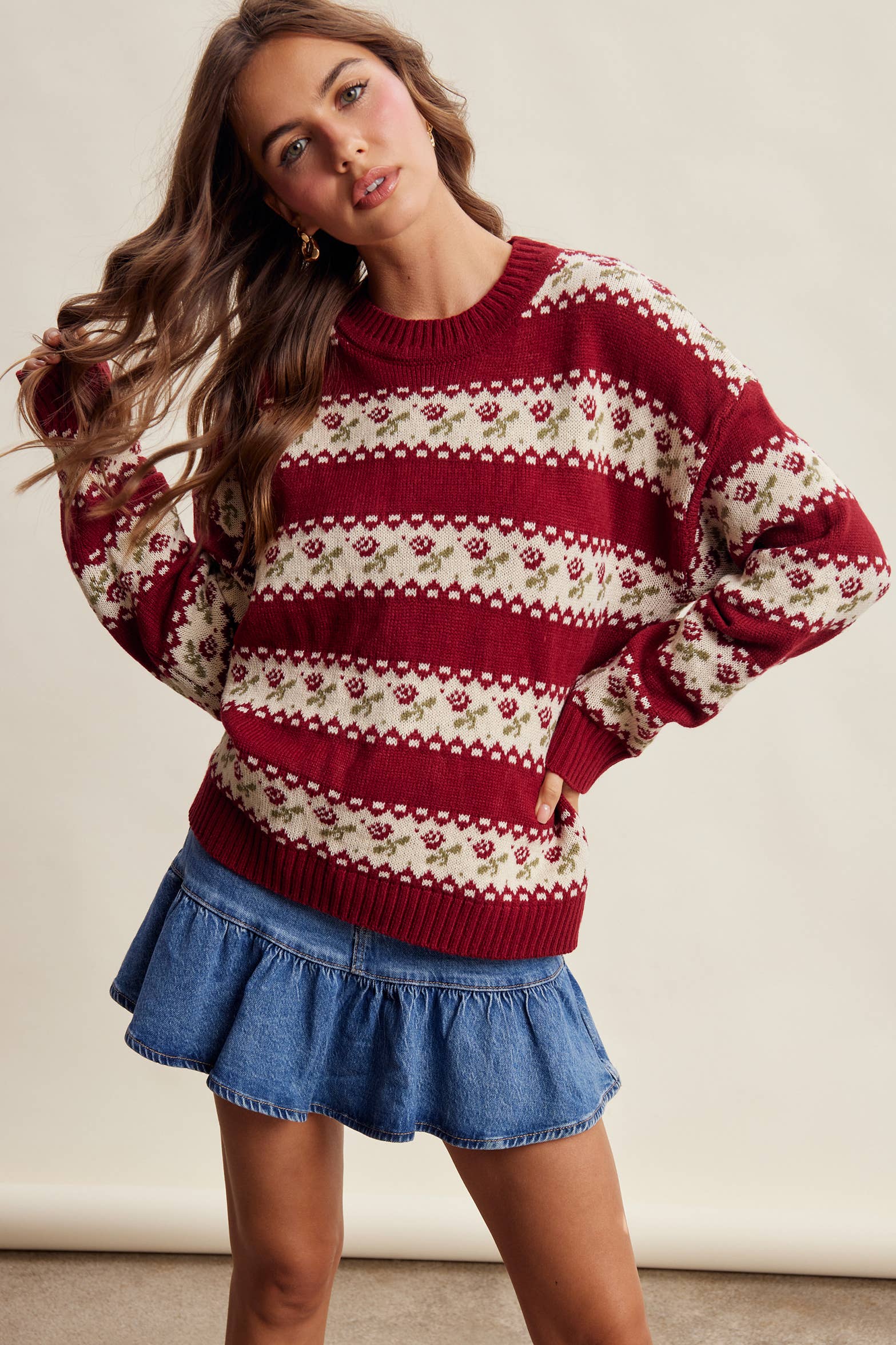 Floral Fair Isle Knit Sweater in Ruby – 1