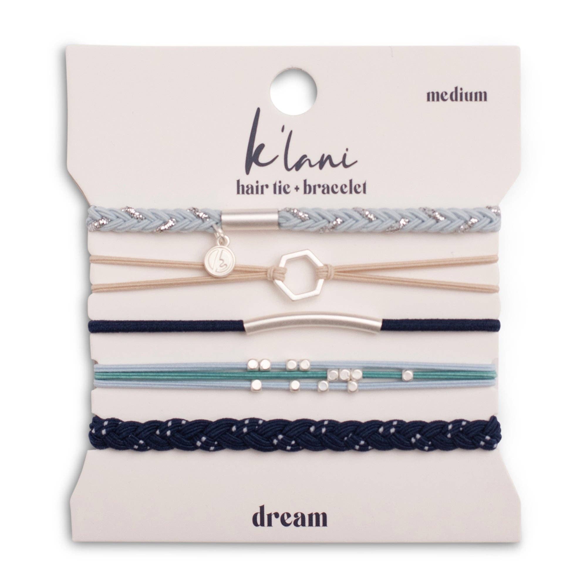 Dream hair tie bracelet set in blue and neutral tones with silver accents