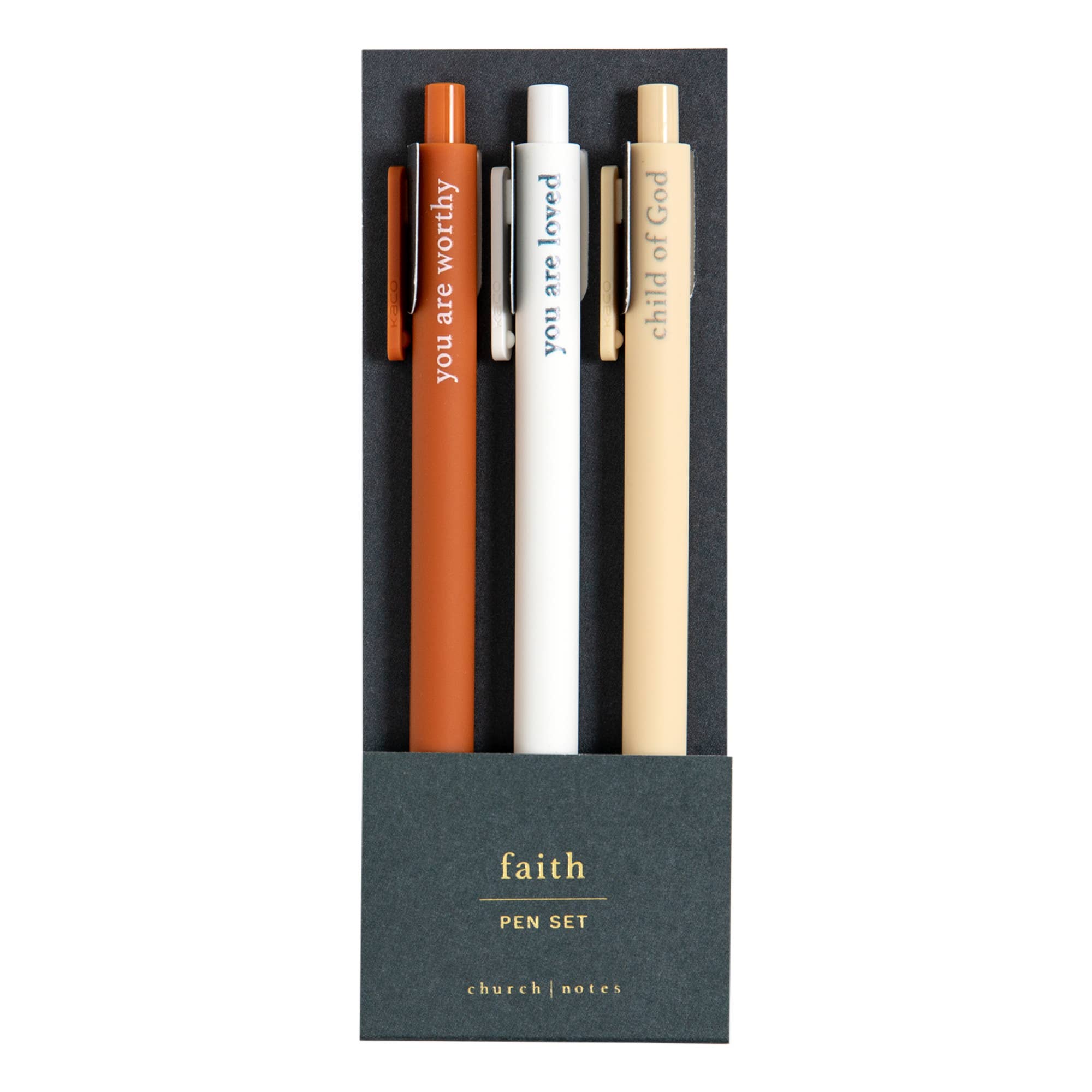 Faith Bible study pen set, three gel pens in gold, brown and rust