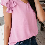 Solid Color V Neck Ruffled Detail Loose Tank Top