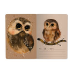 A5 ruled notebook with an illustrated owlet cover design, detail view