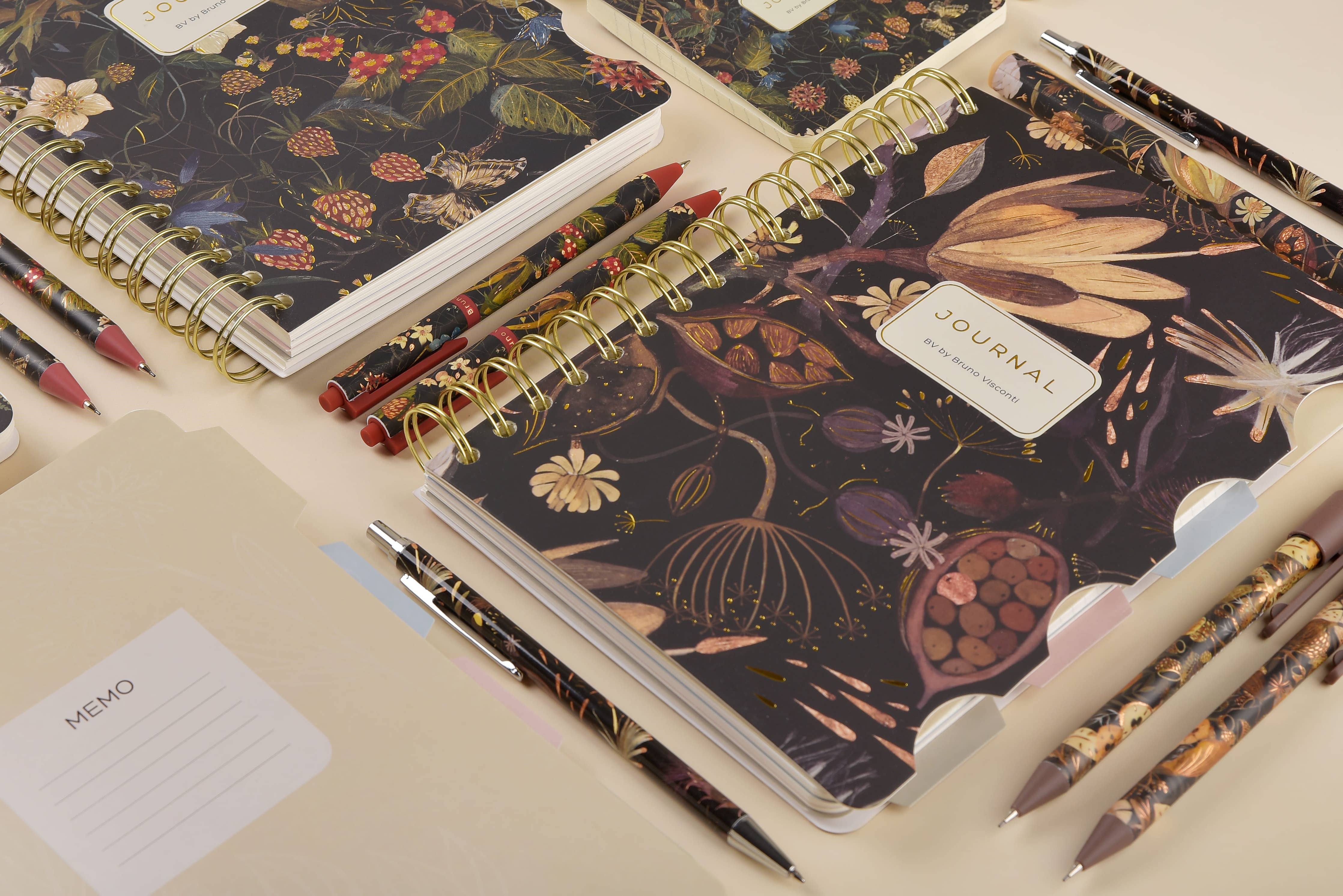 Spiral-bound art journal with a Forest Flowers illustrated cover, interior pages