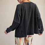 Long Sleeve Thermal Knit Mineral Wash Top in Black - back view