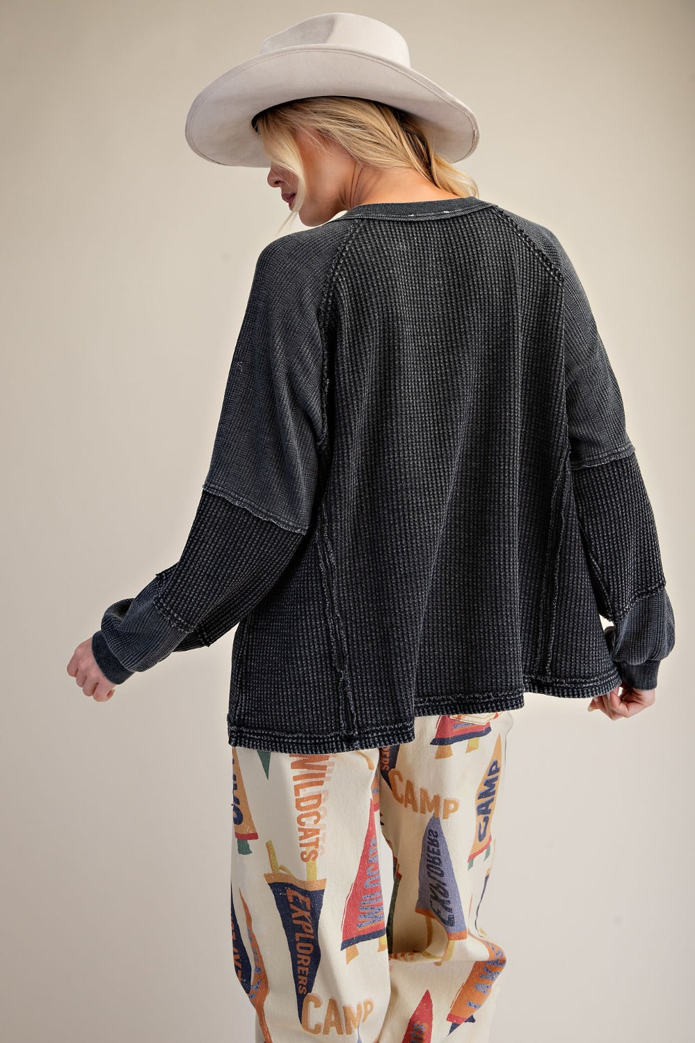 Long Sleeve Thermal Knit Mineral Wash Top in Black - back view
