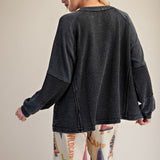 Long Sleeve Thermal Knit Mineral Wash Top in Black - back view