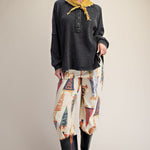 Long Sleeve Thermal Knit Mineral Wash Top in Black - full length view