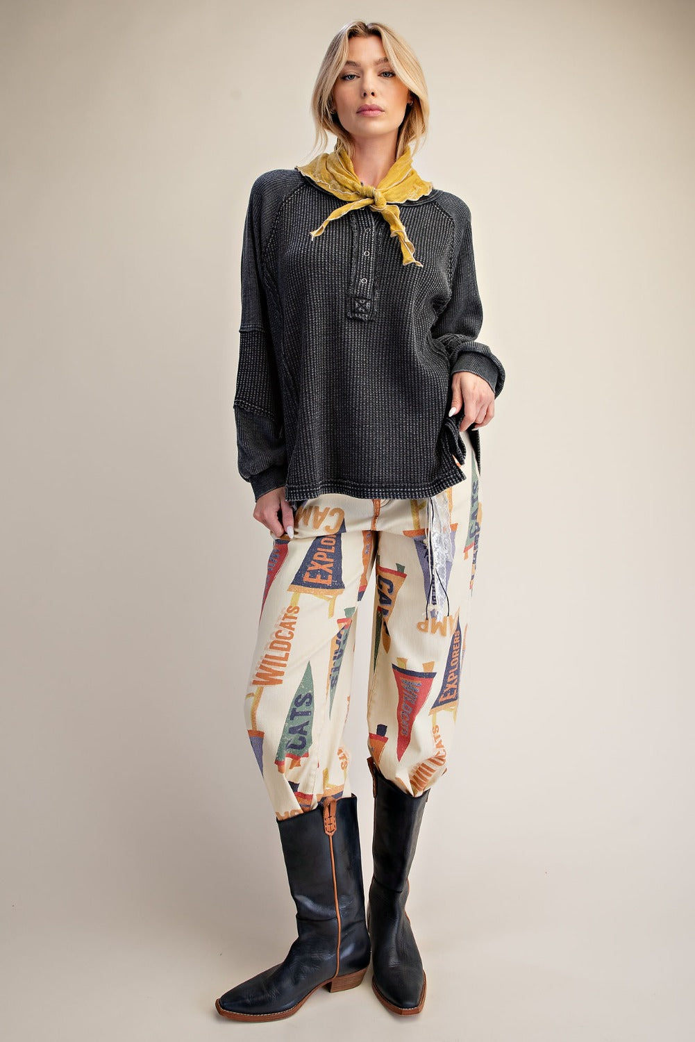 Long Sleeve Thermal Knit Mineral Wash Top in Black - full length view