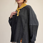 Long Sleeve Thermal Knit Mineral Wash Top in Black - front view