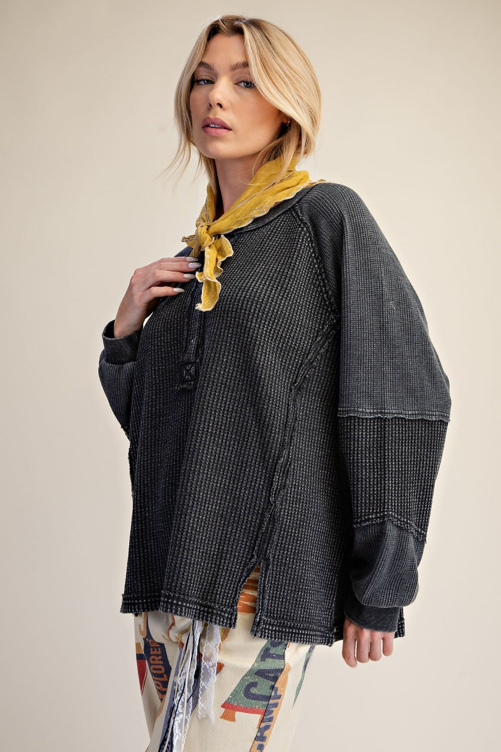 Long Sleeve Thermal Knit Mineral Wash Top in Black - front view
