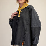 Long Sleeve Thermal Knit Mineral Wash Top in Black - front view
