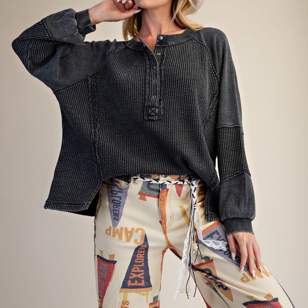 Long Sleeve Thermal Knit Mineral Wash Top in Black - styled view