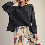 Long Sleeve Thermal Knit Mineral Wash Top in Black - styled view