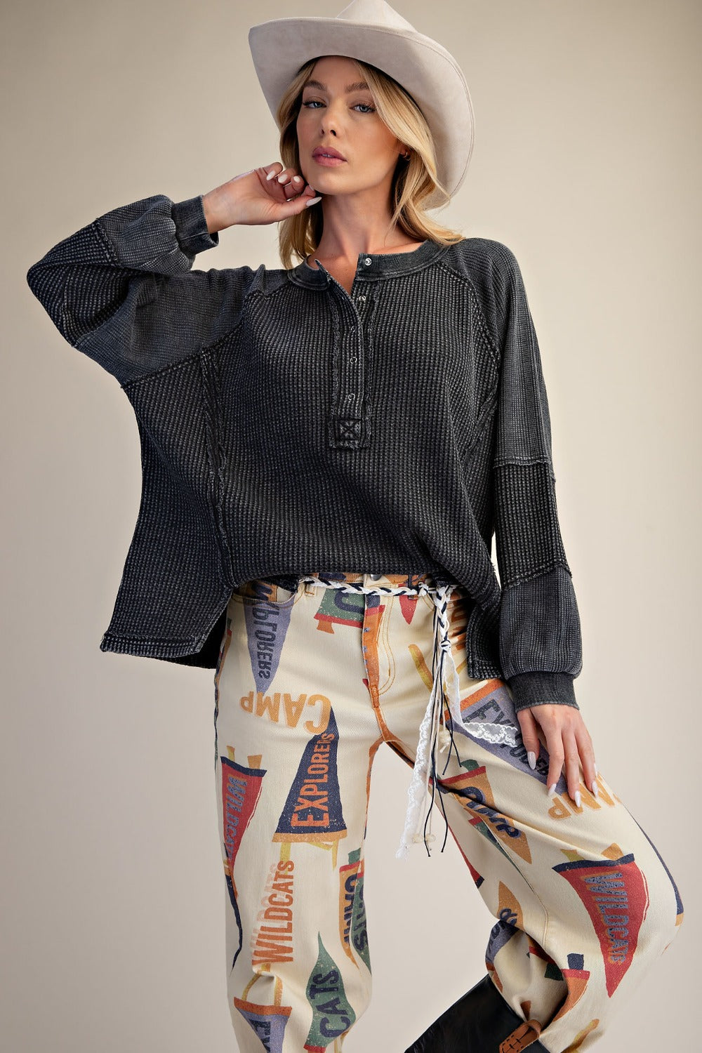 Long Sleeve Thermal Knit Mineral Wash Top in Black - styled view