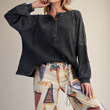 Long Sleeve Thermal Knit Mineral Wash Top in Black - styled view