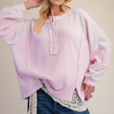 Long Sleeve Thermal Knit Mineral Wash Top in Cotton Pink - front view