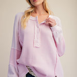 Long Sleeve Thermal Knit Mineral Wash Top in Cotton Pink - styled view