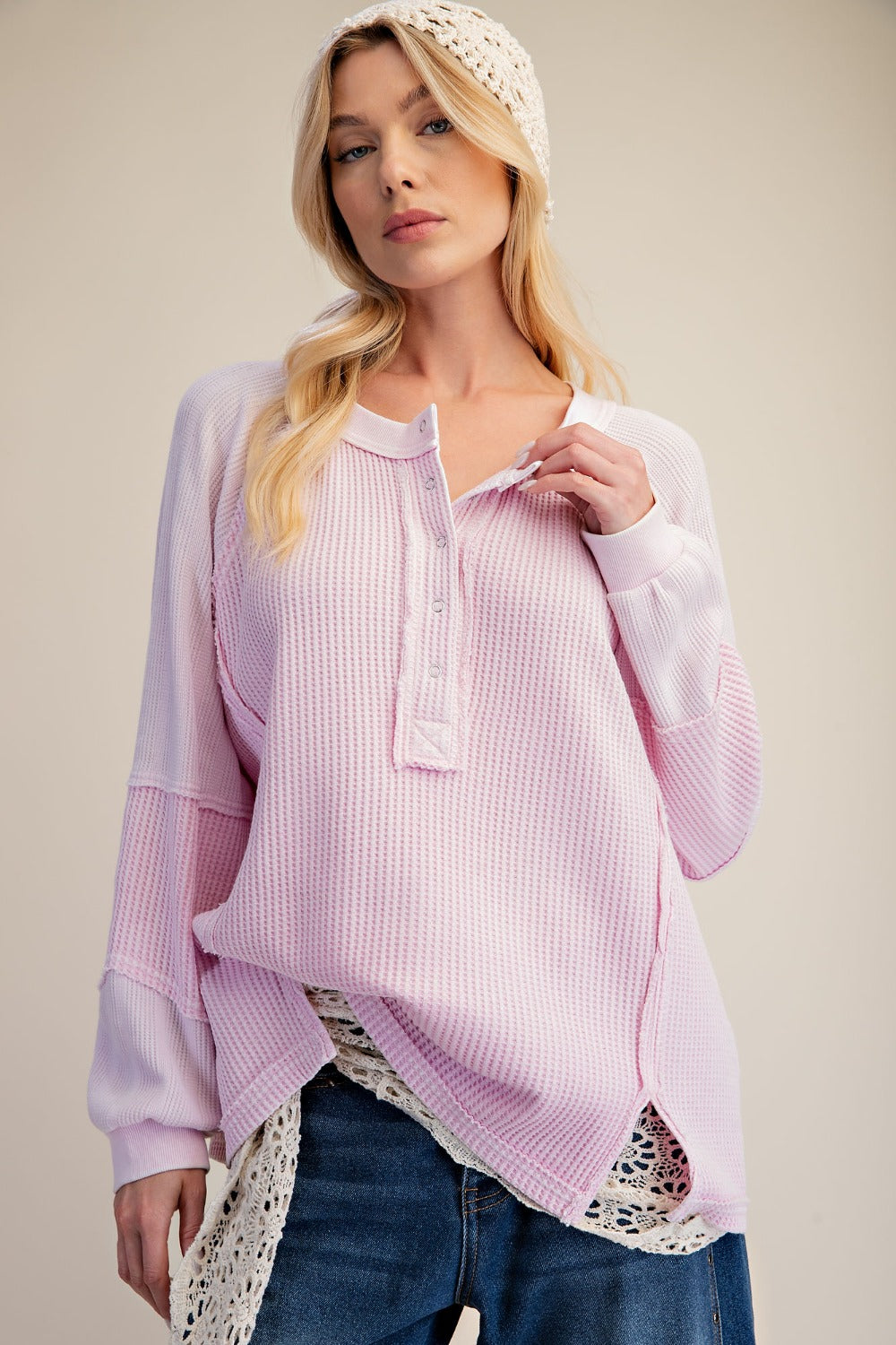 Long Sleeve Thermal Knit Mineral Wash Top in Cotton Pink - styled view