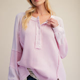 Long Sleeve Thermal Knit Mineral Wash Top in Cotton Pink - styled view