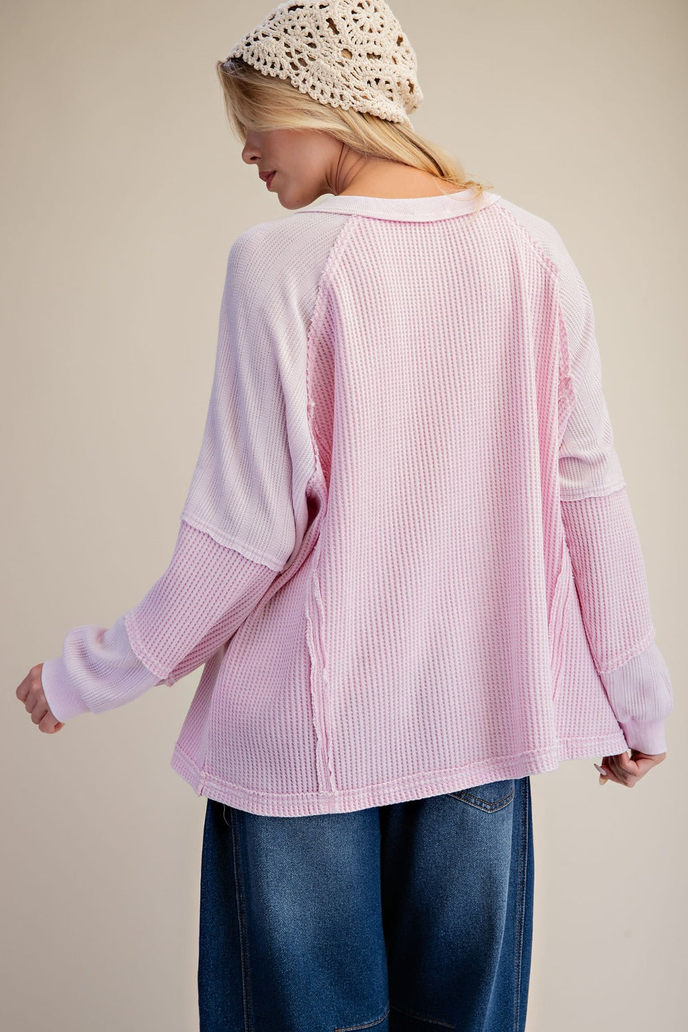 Long Sleeve Thermal Knit Mineral Wash Top in Cotton Pink - back view
