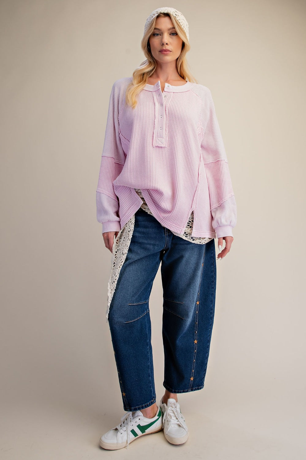 Long Sleeve Thermal Knit Mineral Wash Top in Cotton Pink - full length view