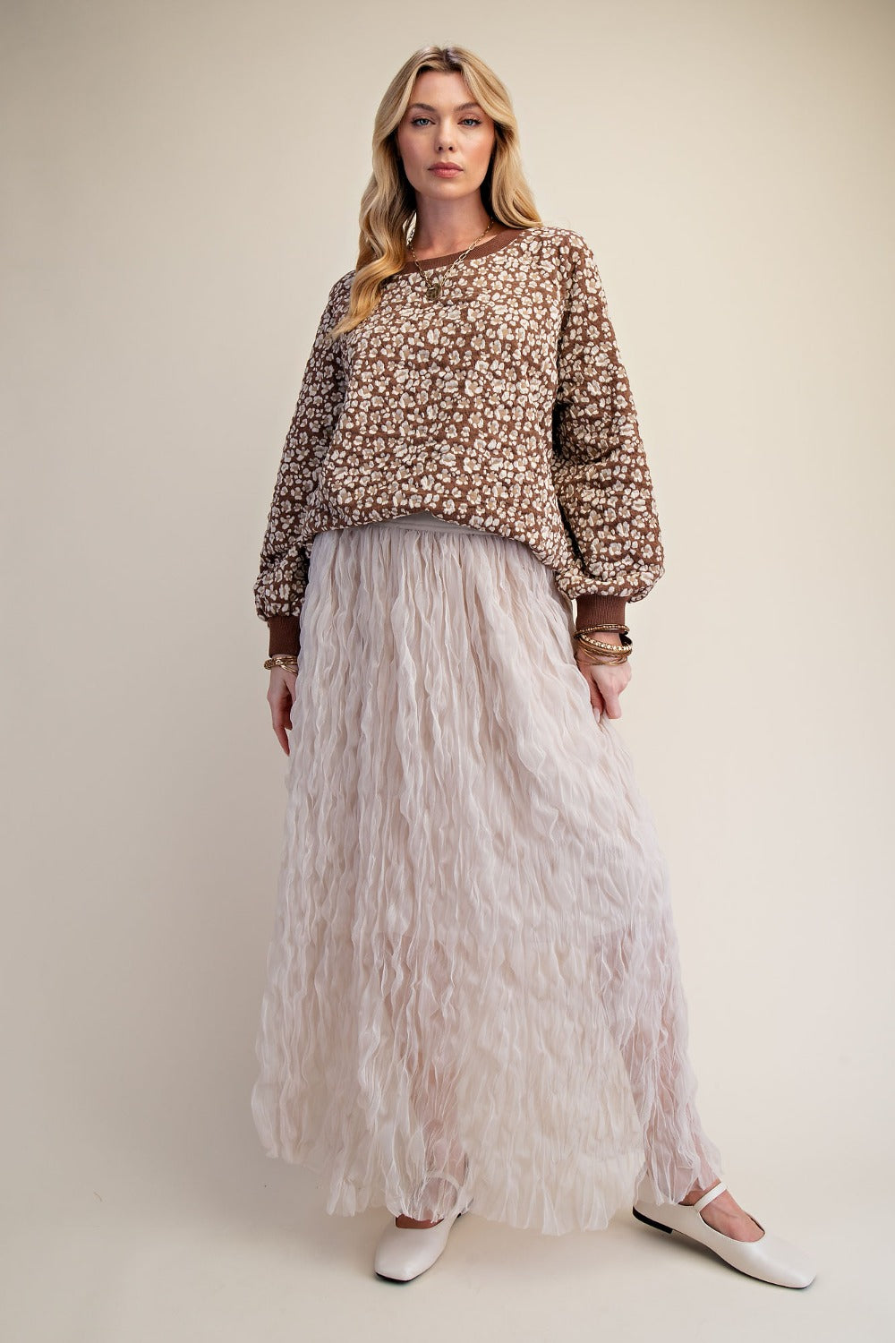 Long Sleeve Flower Pattern Knit Pullover in Brown - full length view