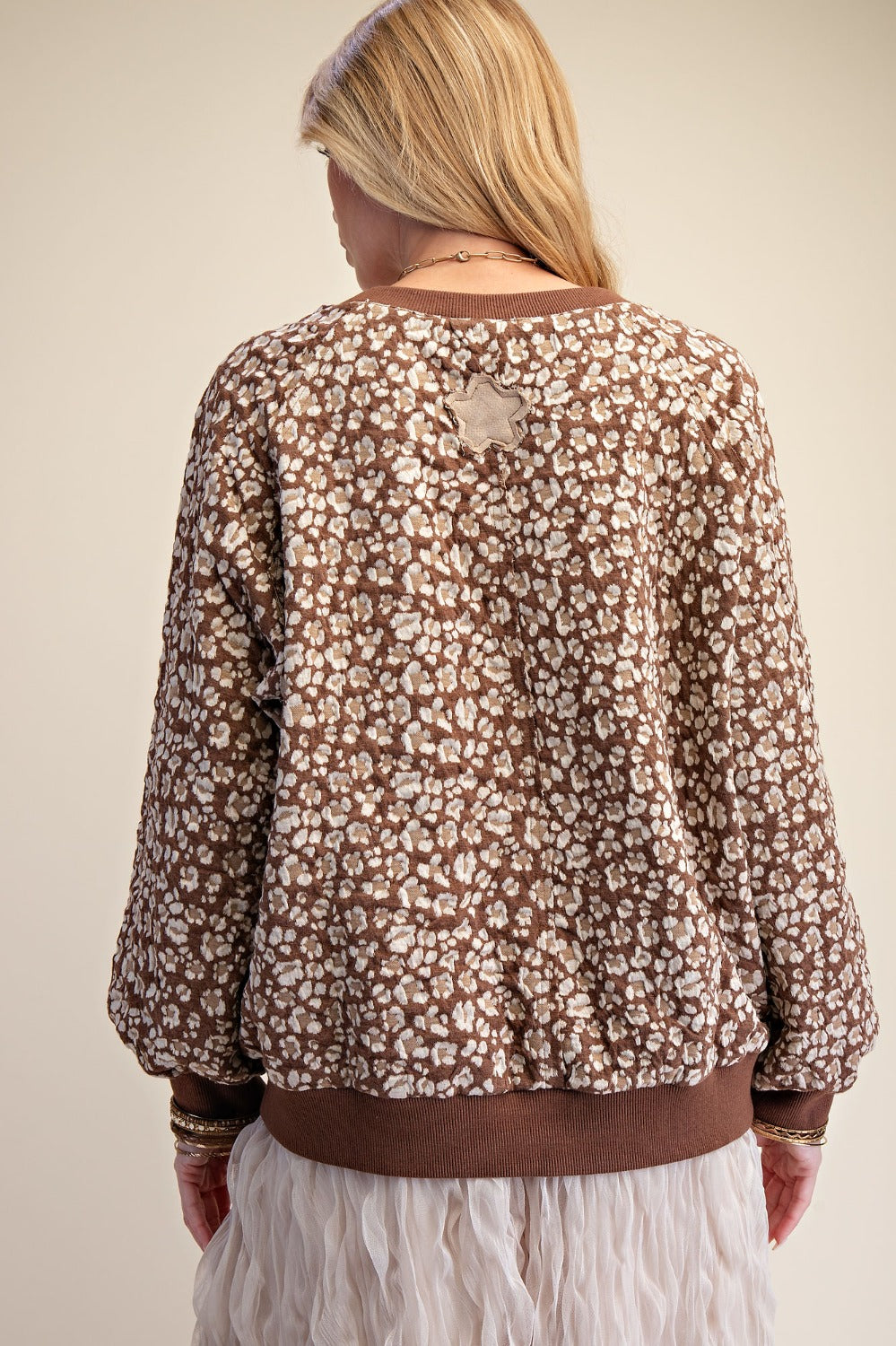 Long Sleeve Flower Pattern Knit Pullover in Brown - back view