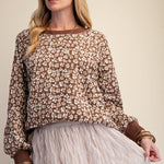 Long Sleeve Flower Pattern Knit Pullover in Brown - styled view
