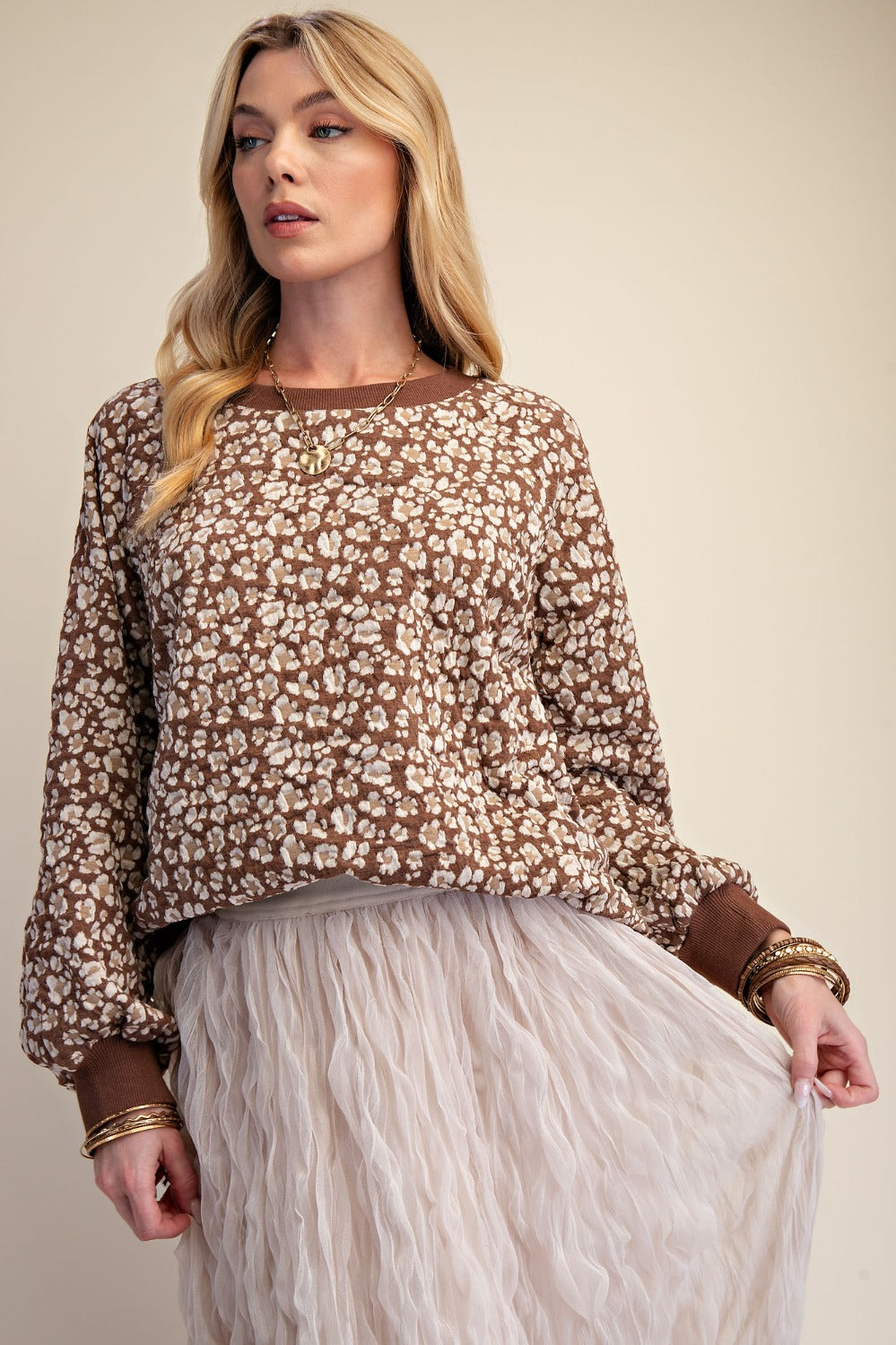 Long Sleeve Flower Pattern Knit Pullover in Brown - styled view