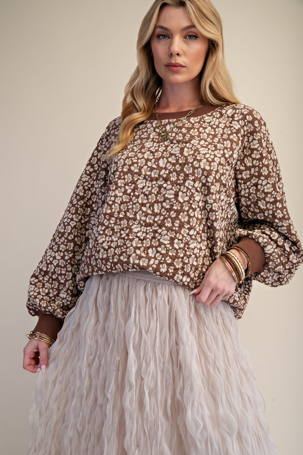 Long Sleeve Flower Pattern Knit Pullover in Brown - front view