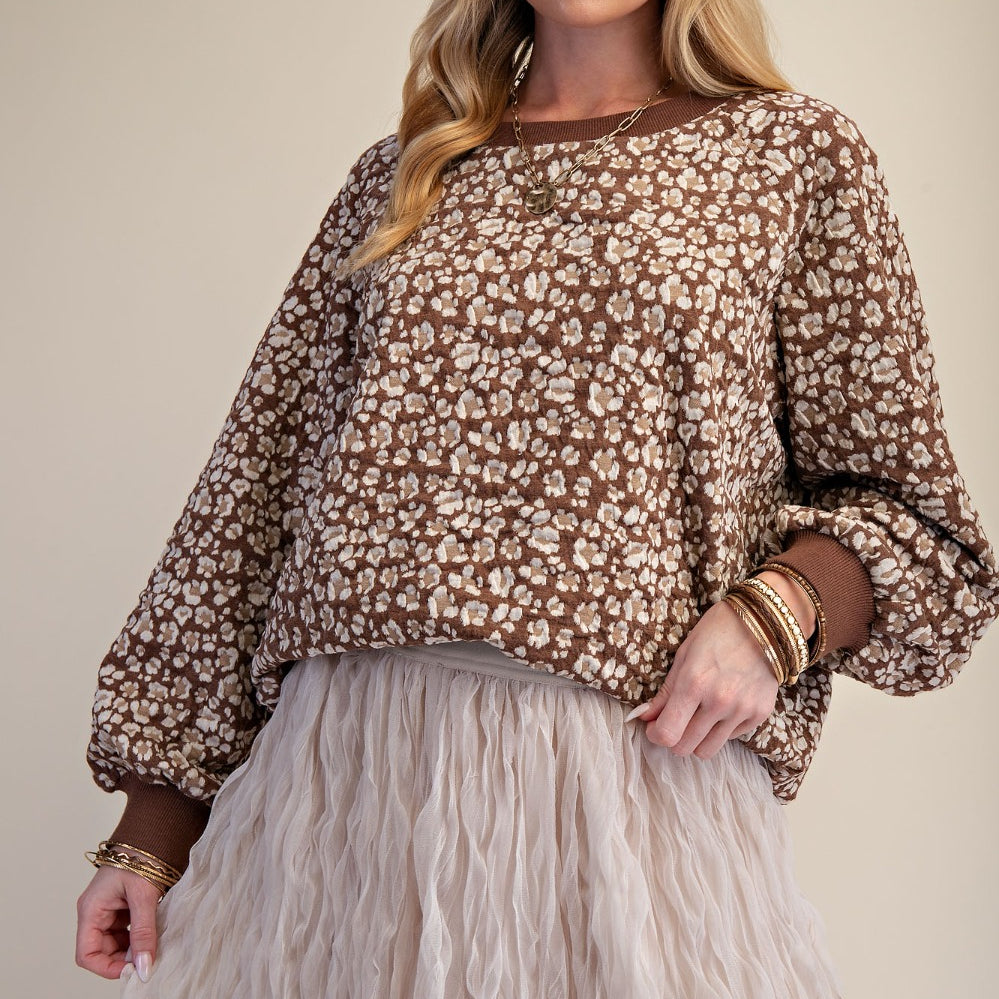 Long Sleeve Flower Pattern Knit Pullover in Brown - front view