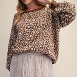 Long Sleeve Flower Pattern Knit Pullover in Brown - detail view