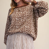 Long Sleeve Flower Pattern Knit Pullover in Brown - detail view