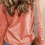 Fresh Salmon Floral Patchwork V Neck Long Sleeve Tee
