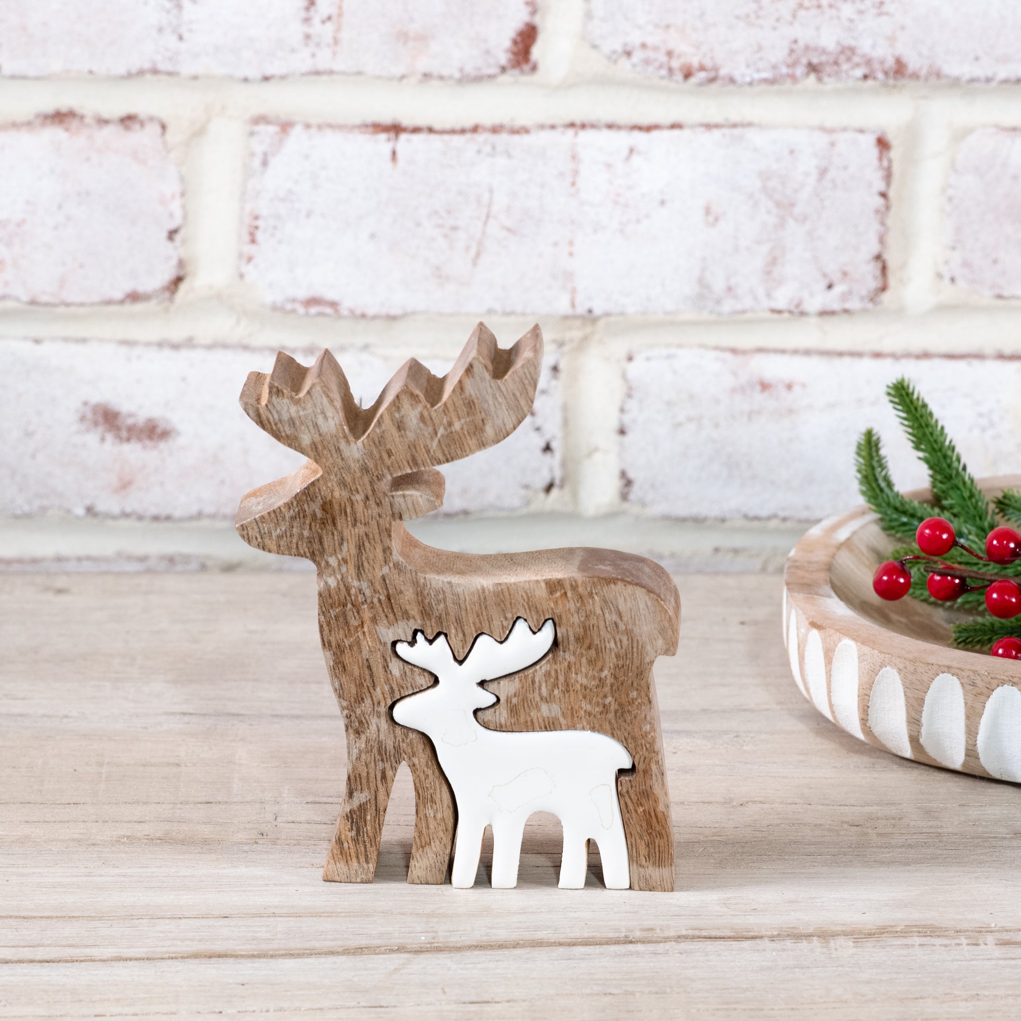 Natural wood reindeer with a white deer cutout insert