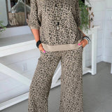Women's Leopard Jacquard Two-Piece Set – Puff Sleeve Top & Wide Leg Pants, Khaki
