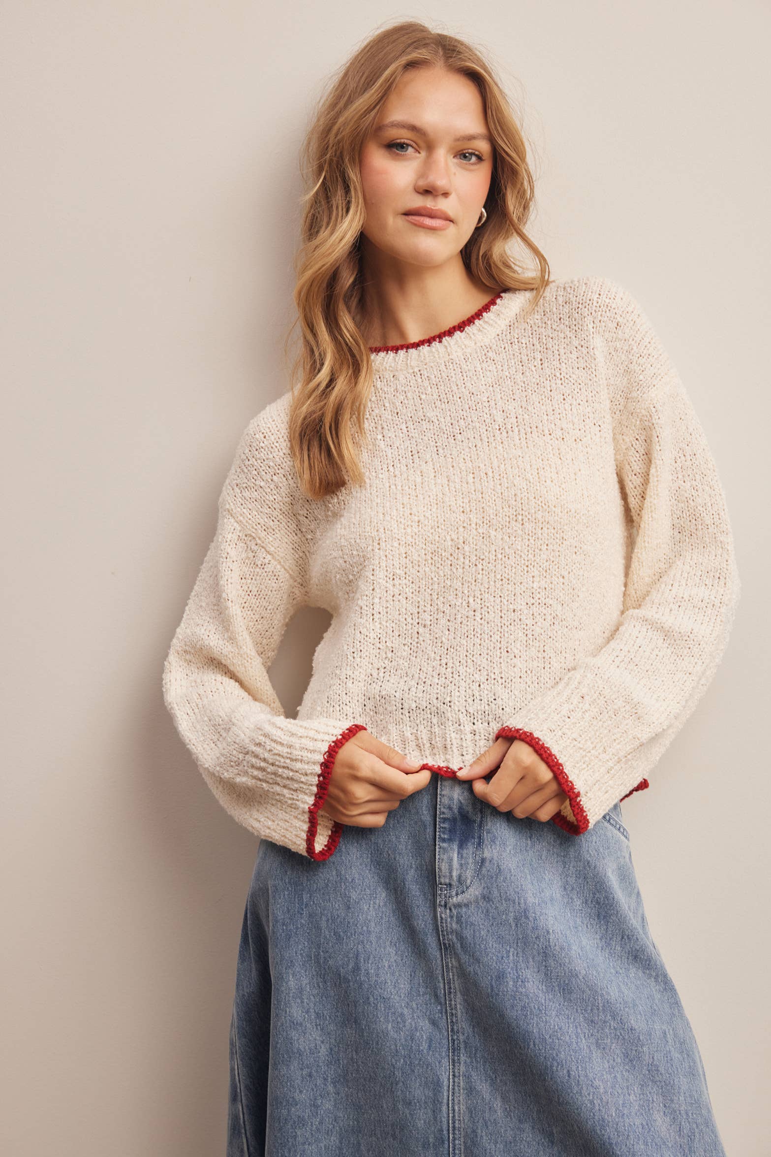 Contrast Trim Bouclé Sweater in Ivory – 5