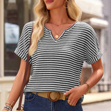 Stripe Textured Notched Neck Cuffed Short Sleeve Top