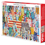State Plates of the USA 1,000-piece jigsaw puzzle box showing a collage of state license plates from across the USA around an American flag