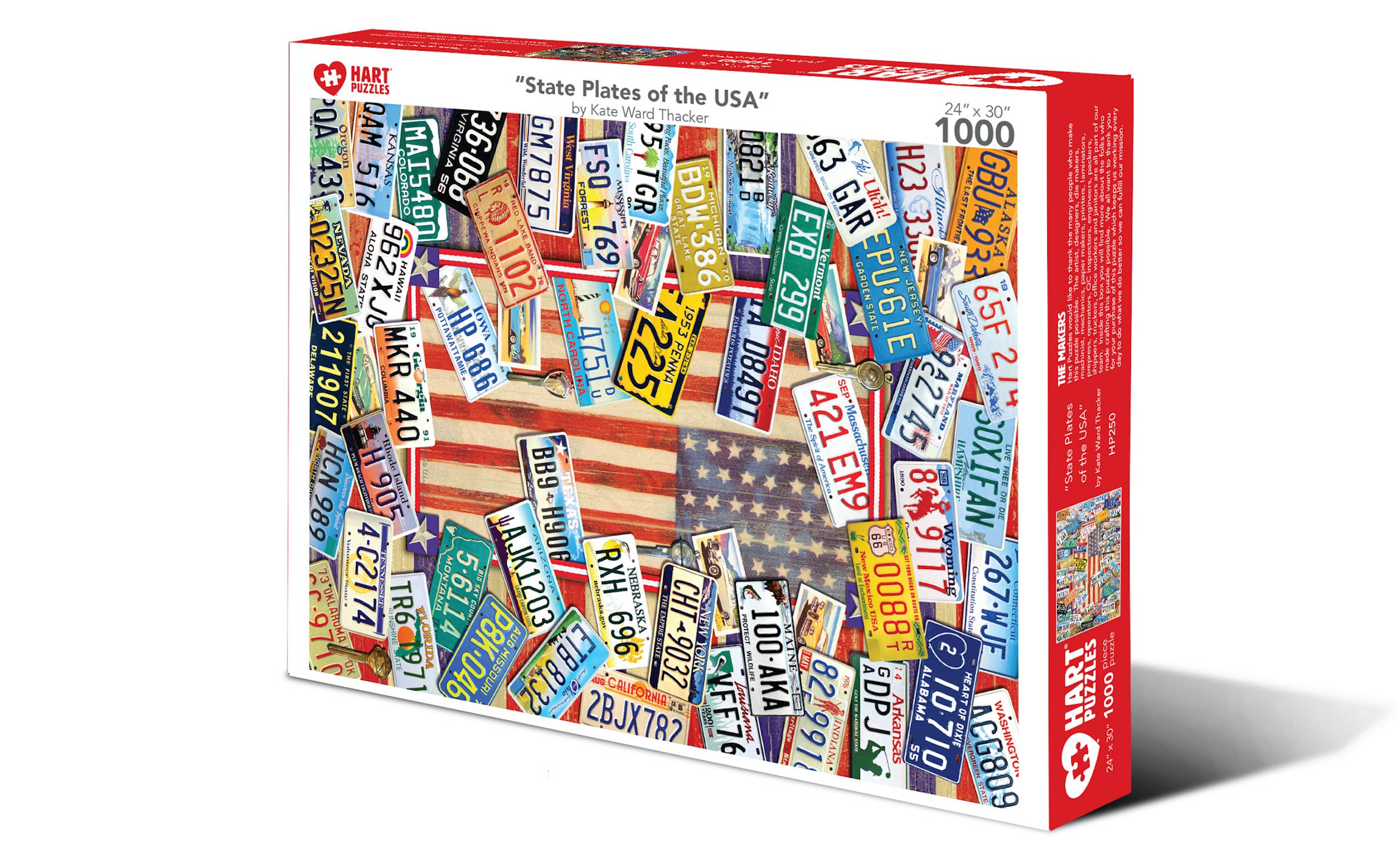 State Plates of the USA 1,000-piece jigsaw puzzle box showing a collage of state license plates from across the USA around an American flag