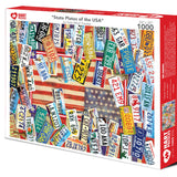 State Plates of the USA 1,000-piece jigsaw puzzle box showing a collage of state license plates from across the USA around an American flag
